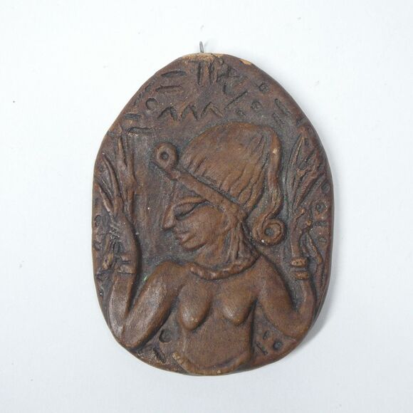 Egyptian Revival Woman Portrait Relief Pendant Handmade Clay Vintage Brown - Picture 1 of 9
